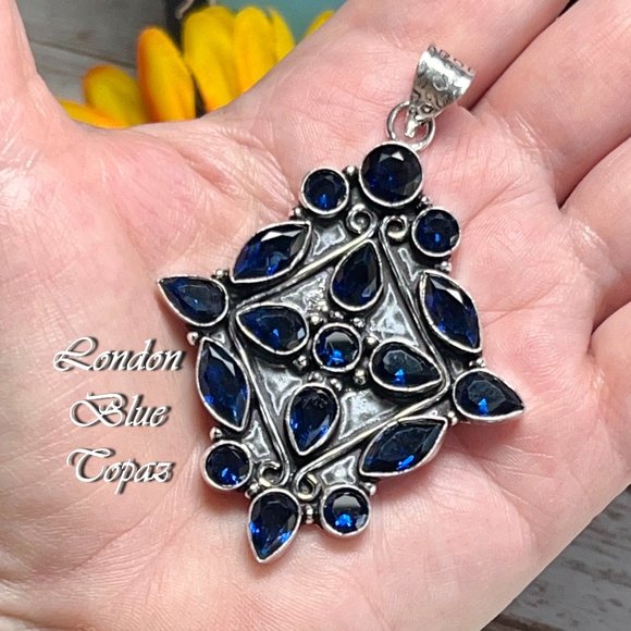 London Blue Topaz Pendant Gemstone Crystal Handmade 925 Silver Bohemian Ethnic - Picture 2 of 10